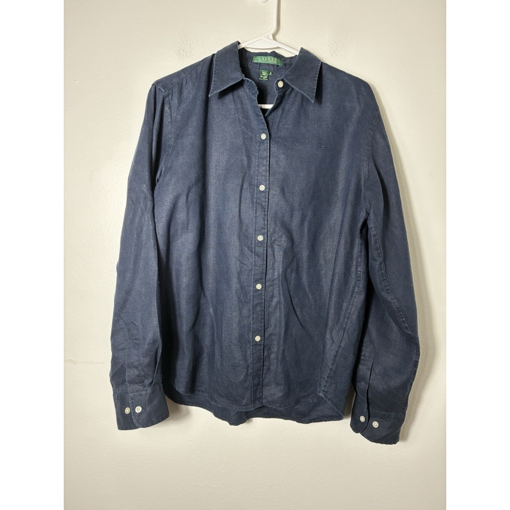 Lauren Ralph Lauren Long Sleeve Button Up Shirt 100% Linen Sz M Old Money Logo